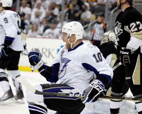 PITTSBURGH, PA – APRIL 27: Sean Bergenheim #10 of the Tampa Bay Lightning celebrates his second period goal against the Pittsburgh Penguins in Game Seven of the Eastern Conference Quarterfinals during the 2011 NHL Stanley Cup Playoffs at Consol Energy Center on April 27, 2011 in Pittsburgh, Pennsylvania. (Photo by Justin K. Aller/Getty Images)