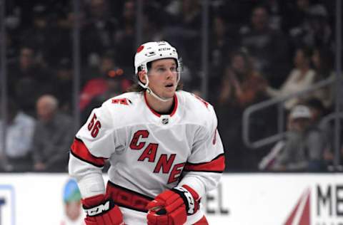 LOS ANGELES, CALIFORNIA – OCTOBER 15: Erik Haula #56 of the Carolina Hurricanes skates to kill a penalty during a 2-0 Hurricanes win over the Los Angeles Kings at Staples Center on October 15, 2019 in Los Angeles, California. (Photo by Harry How/Getty Images)