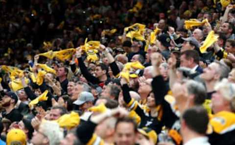 BOSTON, MASSACHUSETTS – MAY 27: Boston Bruins fans cheer on their team during the second period against the St. Louis Blues in Game One of the 2019 NHL Stanley Cup Final at TD Garden on May 27, 2019 in Boston, Massachusetts. (Photo by Adam Glanzman/Getty Images)