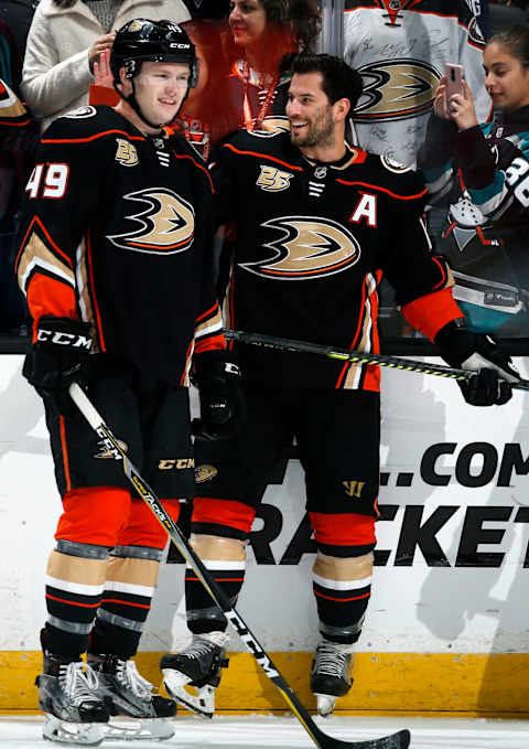 ANAHEIM, CA – APRIL 05: Max Jones #49 and Adam Henrique #14 of the Anaheim Ducks chat during warm-ups prior to the game against the Los Angeles Kings on April 5, 2019 at Honda Center in Anaheim, California. (Photo by Debora Robinson/NHLI via Getty Images)