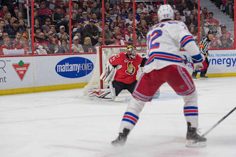 May 6, 2017; Ottawa, Ontario, CAN; New York Rangers defenseman Nick Holden (22) scores against Ottawa Senators goalie Craig Anderson (41) in the first period of game five in the second round of the 2017 Stanley Cup Playoffs at Canadian Tire Centre. Mandatory Credit: Marc DesRosiers-USA TODAY Sports