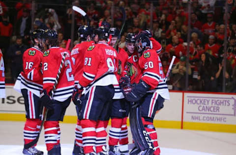 Nov 13, 2016; Chicago, IL, USA; The Chicago Blackhawks celebrate their victory following the third period against the Montreal Canadiens at the United Center. Chicago won 3-2. Mandatory Credit: Dennis Wierzbicki-USA TODAY Sports