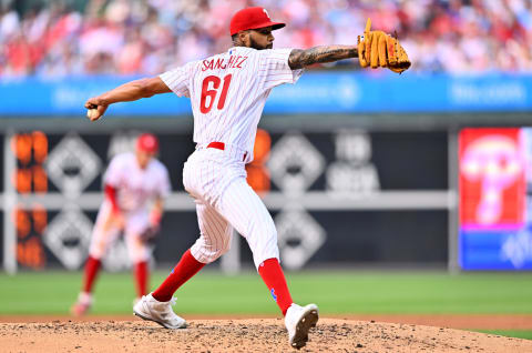 Jun 30, 2023; Philadelphia, Pennsylvania, USA; Philadelphia Phillies starting pitcher Cristopher Sanchez (61) throws a pitch against the Washington Nationals in the third inning at Citizens Bank Park. Mandatory Credit: Kyle Ross-USA TODAY Sports