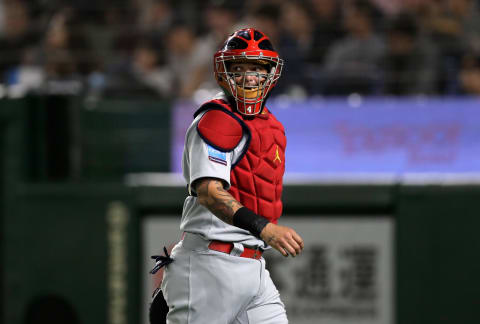 TOKYO, JAPAN – NOVEMBER 09: Catcher Yadier Molina #4 of St. Louis Cardinals is seen after the bottom of 1st inning during the game one of the Japan and MLB All Stars at Tokyo Dome on November 9, 2018 in Tokyo, Japan. (Photo by Kiyoshi Ota/Getty Images)