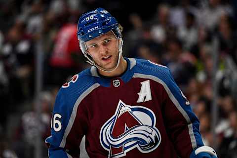 DENVER, COLORADO – APRIL 11: Mikko Rantanen #96 of the Colorado Avalanche looks on in the second period of a game against the Edmonton Oilers at Ball Arena on April 11, 2023 in Denver, Colorado. (Photo by Dustin Bradford/Getty Images)