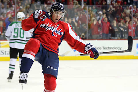 Mar 6, 2017; Washington, DC, USA; Washington Capitals right wing T.J. Oshie (77) celebrates after scoring a goal against the Dallas Stars in the third period at Verizon Center. The Stars won 4-2. Mandatory Credit: Geoff Burke-USA TODAY Sports