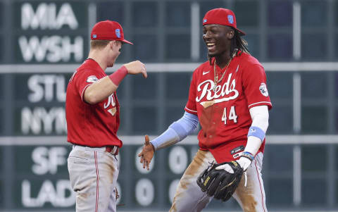 Jun 18, 2023; Houston, Texas, USA; Cincinnati Reds shortstop Elly De La Cruz (44) celebrates with designated hitter Matt McLain (9) after the game against the Houston Astros at Minute Maid Park. Mandatory Credit: Troy Taormina-USA TODAY Sports