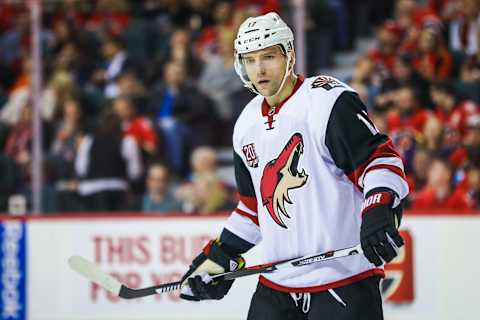 Feb 13, 2017; Calgary, Alberta, CAN; Arizona Coyotes right wing Radim Vrbata (17) during the second period against the Calgary Flames at Scotiabank Saddledome. Mandatory Credit: Sergei Belski-USA TODAY Sports