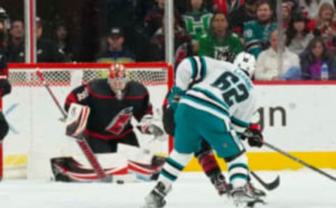 Jan 27, 2023; Raleigh, North Carolina, USA; San Jose Sharks right wing Kevin Labanc (62) takes a shot at Carolina Hurricanes goaltender Antti Raanta (32) during the third period at PNC Arena. Mandatory Credit: James Guillory-USA TODAY Sports