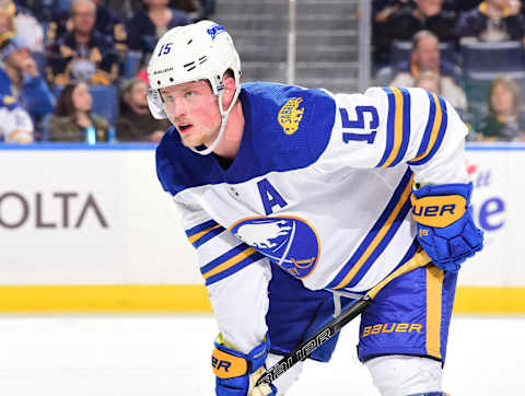 BUFFALO, NY – APRIL 4: Jack Eichel #15 of the Buffalo Sabres prepares for a faceoff during an NHL game against the Ottawa Senators on April 4, 2018 at KeyBank Center in Buffalo, New York. (Photo by Bill Wippert/NHLI via Getty Images) *** Local Caption *** Jack Eichel