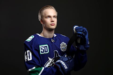 Elias Pettersson of the Vancouver Canucks poses for a picture at ASG weekend (Photo by Jamie Squire/Getty Images)