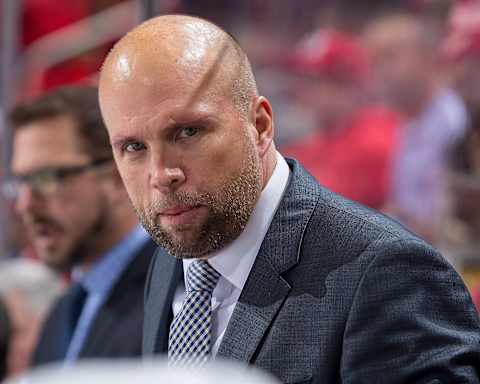 DETROIT, MI – DECEMBER 09: Head coach Mike Yeo of the St. Louis Blues watches the action from the bench against the Detroit Red Wings during an NHL game at Little Caesars Arena on December 9, 2017 in Detroit, Michigan. The Blues defeated the Red Wings 6-1. (Photo by Dave Reginek/NHLI via Getty Images)