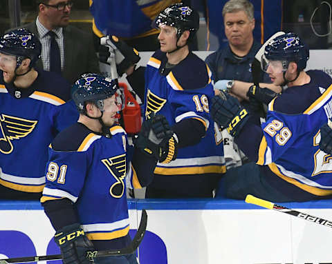 ST. LOUIS, MO – APRIL 25: St. Louis Blues rightwing Vladimir Tarasenko (91) is congratulated by teammates after scoring in the second period during a second round Stanley Cup Playoffs game between the Dallas Stars and the St. Louis Blues, on April 25, 2019, at Enterprise Center, St. Louis, Mo. (Photo by Keith Gillett/Icon Sportswire via Getty Images)