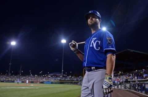 Mar 19, 2017; Mesa, AZ, USA; Kansas City Royals third baseman Mike Moustakas (8) waits on deck against the Chicago Cubs during the first inning at Sloan Park. Mandatory Credit: Joe Camporeale-USA TODAY Sports