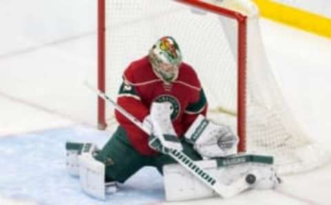 Dec 15, 2015; Saint Paul, MN, USA; Minnesota Wild goalie Darcy Kuemper (35) makes a save in the first period against the Vancouver Canucks at Xcel Energy Center. The Minnesota Wild beat the Vancouver Canucks 6-2. Mandatory Credit: Brad Rempel-USA TODAY Sports