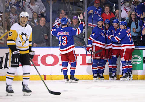 NEW YORK, NEW YORK – MAY 11: The New York Rangers celebrate the game winning goal by Filip Chytil #72 (2nd from right) against the Pittsburgh Penguins in Game Five of the First Round of the 2022 Stanley Cup Playoffs at Madison Square Garden on May 11, 2022 in New York City. (Photo by Bruce Bennett/Getty Images)