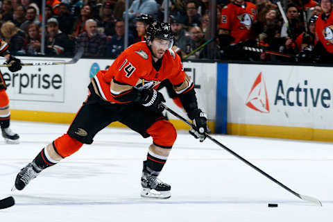 ANAHEIM, CA – DECEMBER 27: Adam Henrique #14 of the Anaheim Ducks skates with the puck during the game against the Vegas Golden Knights at Honda Center on December 27, 2019, in Anaheim, California. (Photo by Debora Robinson/NHLI via Getty Images)