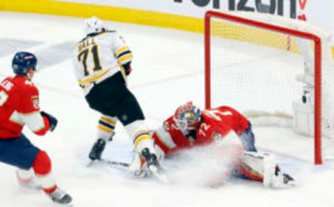 SUNRISE, FL – APRIL 23: Taylor Hall #71 of the Boston Bruins scores a goal past goaltender Sergei Bobrovsky #72 of the Florida Panthers in Game Four of the First Round of the 2023 Stanley Cup Playoffs at the FLA Live Arena on April 23, 2023 in Sunrise, Florida. (Photo by Joel Auerbach/Getty Images)