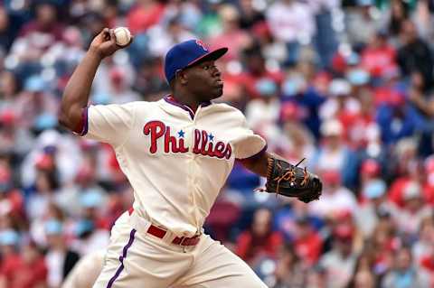 May 22, 2016; Philadelphia, PA, USA; Philadelphia Phillies relief pitcher Hector Neris (50) pitches during the eighth inning of the game against the Atlanta Braves at Citizens Bank Park. The Phillies won the game 5-0. Mandatory Credit: John Geliebter-USA TODAY Sports