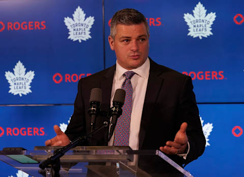 Feb 22, 2020; Toronto, Ontario, CAN; Toronto Maple Leafs head coach Sheldon Keefe during the post game press conference after a loss to the Carolina Hurricanes at Scotiabank Arena. Mandatory Credit: John E. Sokolowski-USA TODAY Sports