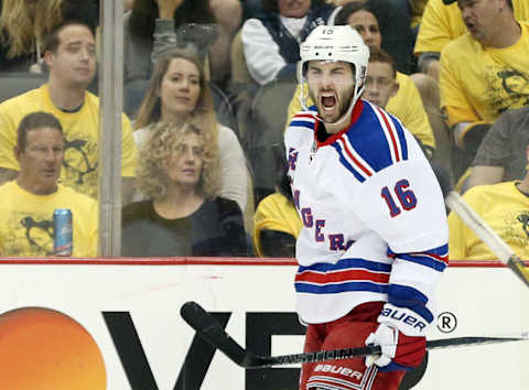 Apr 16, 2016; Pittsburgh, PA, USA; New York Rangers center Derick Brassard (16) reacts after scoring a breakaway goal against the Pittsburgh Penguins during the second period in game two of the first round of the 2016 Stanley Cup Playoffs at the CONSOL Energy Center. Mandatory Credit: Charles LeClaire-USA TODAY Sports