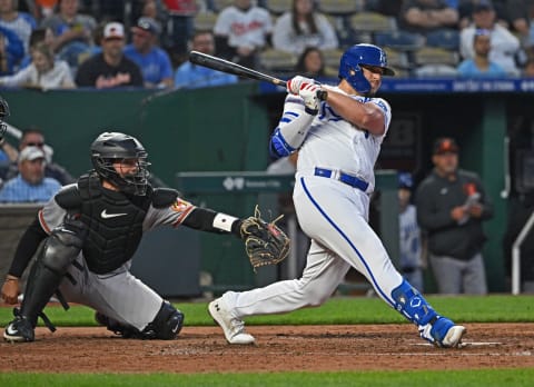 May 3, 2023; Kansas City, Missouri, USA; Kansas City Royals designated hitter Vinnie Pasquantino (9) hits an RBI double during the seventh inning against the Baltimore Orioles at Kauffman Stadium. Mandatory Credit: Peter Aiken-USA TODAY Sports