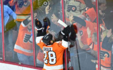 Mar 28, 2016; Philadelphia, PA, USA; Philadelphia Flyers center Claude Giroux (28) celebrates his goal in overtime against the Winnipeg Jets during the overtime period against the Winnipeg Jets at Wells Fargo Center. The Flyers defeated the Jets, 3-2. Mandatory Credit: Eric Hartline-USA TODAY Sports