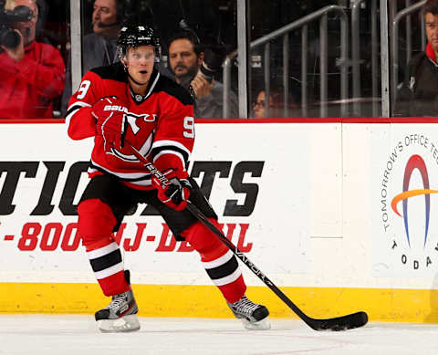 Mattias Tedenby #9 of the New Jersey Devils (Photo by Elsa/Getty Images)