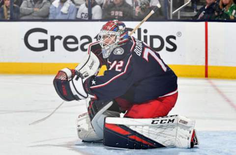 COLUMBUS, OH – MAY 6: Goaltender Sergei Bobrovsky #72 of the Columbus Blue Jackets defends the net against the Boston Bruins in Game Six of the Eastern Conference Second Round during the 2019 NHL Stanley Cup Playoffs on May 6, 2019 at Nationwide Arena in Columbus, Ohio. (Photo by Jamie Sabau/NHLI via Getty Images)