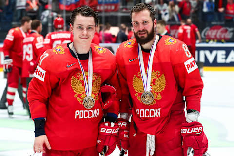 BRATISLAVA, SLOVAKIA – MAY 26, 2019: Russia’s Nikita Gusev (L) and Nikita Kucherov after their victory in the 2019 IIHF Ice Hockey World Championship Bronze medal match against the Czech Republic at Ondrej Nepela Arena. The Russian team won the game 3-2 in penalty shootout. Anton Novoderezhkin/TASS (Photo by Anton NovoderezhkinTASS via Getty Images)