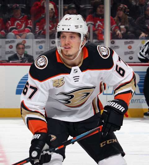 NEWARK, NEW JERSEY – JANUARY 19: Rickard Rakell #67 of the Anaheim Ducks skates against the New Jersey Devils at the Prudential Center on January 19, 2019, in Newark, New Jersey. The Ducks defeated the Devils 3-2. (Photo by Bruce Bennett/Getty Images)