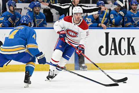 Nov 4, 2023; St. Louis, Missouri, USA; Montreal Canadiens Alex Newhook. Mandatory Credit: Jeff Le-USA TODAY Sports