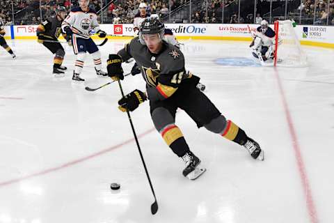 LAS VEGAS, NEVADA – NOVEMBER 23: Reilly Smith #19 of the Vegas Golden Knights skates during the third period against the Edmonton Oilers at T-Mobile Arena on November 23, 2019 in Las Vegas, Nevada. (Photo by Jeff Bottari/NHLI via Getty Images)