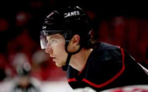 RALEIGH, NC – APRIL 15: Brock McGinn #23 of the Carolina Hurricanes prepares for a faceoff in Game Three of the Eastern Conference First Round during the 2019 NHL Stanley Cup Playoffs against the Washington Capitals on April 15, 2019 at PNC Arena in Raleigh, North Carolina. (Photo by Gregg Forwerck/NHLI via Getty Images)