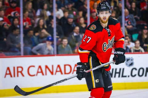 Jan 27, 2016; Calgary, Alberta, CAN; Calgary Flames defenseman Dougie Hamilton (27) skates against the Nashville Predators during the first period at Scotiabank Saddledome. Nashville Predators won 2-1. Mandatory Credit: Sergei Belski-USA TODAY Sports