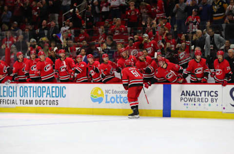 RALEIGH, NC – NOVEMBER 02: Carolina Hurricanes left wing Erik Haula (56) celebrates his goal during the 2nd period of the Carolina Hurricanes game versus the New Jersey Devils on November 2nd, 2019 at PNC Arena in Raleigh, NC. (Photo by Jaylynn Nash/Icon Sportswire via Getty Images)