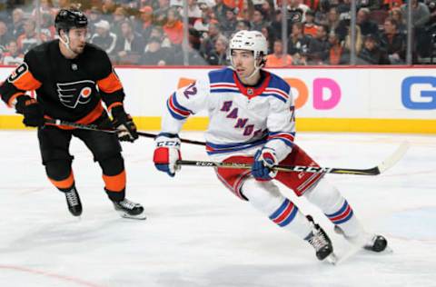 PHILADELPHIA, PA – MARCH 31: Filip Chytil #72 of the New York Rangers skates against Ivan Provorov #9 of the Philadelphia Flyers on March 31, 2019 at the Wells Fargo Center in Philadelphia, Pennsylvania. (Photo by Len Redkoles/NHLI via Getty Images)