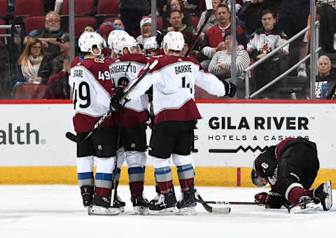 GLENDALE, AZ – DECEMBER 22: Alexander Kerfoot #13 of the Colorado Avalanche celebrates with teammates Samuel Girard #49, J.T. Compher #37, Sven Andrighetto #13 and Tyson Barrie #4 after scoring a goal against the Arizona Coyotes during the first period at Gila River Arena on December 22, 2018 in Glendale, Arizona. (Photo by Norm Hall/NHLI via Getty Images)