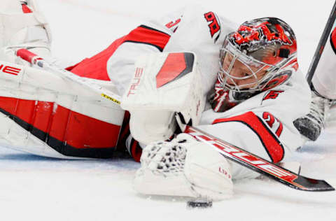 SEATTLE, WASHINGTON – NOVEMBER 24: Frederik Andersen #31 of the Carolina Hurricanes makes a save during the second period against the Seattle Kraken at Climate Pledge Arena in November 24, 2021, in Seattle, Washington. (Photo by Steph Chambers/Getty Images)