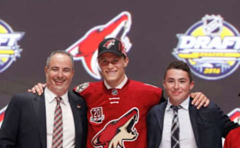 Jun 24, 2016; Buffalo, NY, USA; Jakob Chychrun poses for a photo after being selected as the number sixteen overall draft pick by the Arizona Coyotes in the first round of the 2016 NHL Draft at the First Niagra Center. Mandatory Credit: Timothy T. Ludwig-USA TODAY Sports