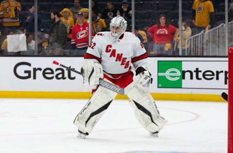 BOSTON, MA – MAY 12: Pyotr Kochetkov #52 of the Carolina Hurricanes warms up before a game against the Boston Bruins in Game Six of the First Round of the 2022 Stanley Cup Playoffs at the TD Garden on May 12, 2022, in Boston, Massachusetts. The Bruins won 5-2. (Photo by Rich Gagnon/Getty Images)