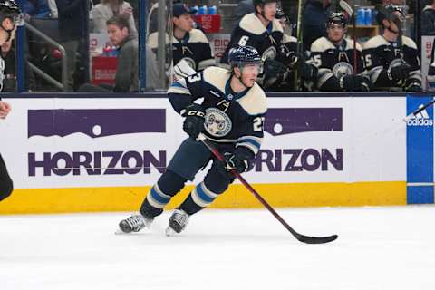 COLUMBUS, OHIO – APRIL 01: Jake Christiansen #23 of the Columbus Blue Jackets skates with the puck during the first period against the Florida Panthers at Nationwide Arena on April 01, 2023 in Columbus, Ohio. (Photo by Jason Mowry/Getty Images)