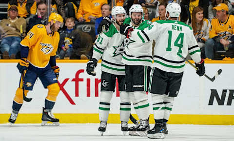 NASHVILLE, TN – APRIL 20: Alexander Radulov #47 celebrates his goal with Tyler Seguin #91 and Jamie Benn #14 of the Dallas Stars against the Nashville Predators in Game Five of the Western Conference First Round during the 2019 NHL Stanley Cup Playoffs at Bridgestone Arena on April 20, 2019 in Nashville, Tennessee. (Photo by John Russell/NHLI via Getty Images)