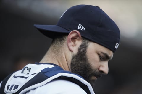 Jun 14, 2017; Detroit, MI, USA; Detroit Tigers catcher Alex Avila (31) in the dugout prior to the game against the Arizona Diamondbacks at Comerica Park. Mandatory Credit: Rick Osentoski-USA TODAY Sports