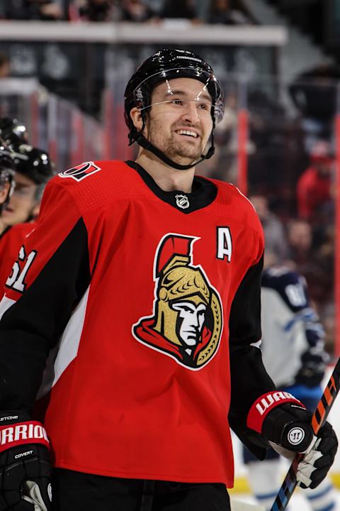 OTTAWA, ON – FEBRUARY 9: Mark Stone #61 of the Ottawa Senators reacts as he celebrates his first period goal against the Winnipeg Jets at Canadian Tire Centre on February 9, 2019 in Ottawa, Ontario, Canada. (Photo by Jana Chytilova/Freestyle Photography/Getty Images)