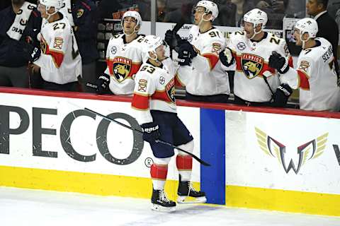 PHILADELPHIA, PA – NOVEMBER 13: Florida Panthers right wing Evgenii Dadonov (63) celebrates his goal during a NHL game between the Florida Panthers and the Philadelphia Flyers on November 13, 2018, at the Wells Fargo Center in Philadelphia, PA. Photo by Andy Lewis/Icon Sportswire via Getty Images)