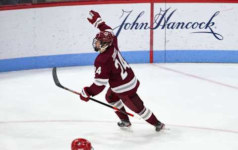 Zac Jones #24 of the Massachusetts Minutemen (Photo by Richard T Gagnon/Getty Images)