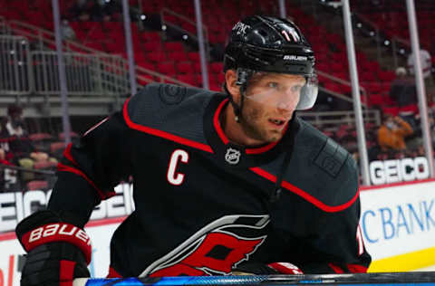 Mar 27, 2021; Raleigh, North Carolina, USA; Carolina Hurricanes center Jordan Staal (11) skates before the game against the Tampa Bay Lightning at PNC Arena. Mandatory Credit: James Guillory-USA TODAY Sports