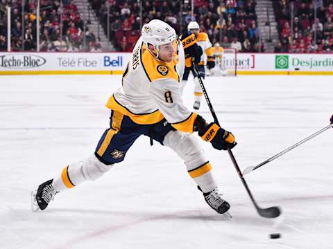 MONTREAL, QC – FEBRUARY 10: Kyle Turris #8 of the Nashville Predators takes a shot against the Montreal Canadiens during the NHL game at the Bell Centre on February 10, 2018 in Montreal, Quebec, Canada. The Nashville Predators defeated the Montreal Canadiens 3-2 in a shootout. (Photo by Minas Panagiotakis/Getty Images)