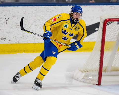 PLYMOUTH, MI – FEBRUARY 15: Adam Boqvist #3 of the Sweden Nationals turns up ice against the Finland Nationals during the 2018 Under-18 Five Nations Tournament game at USA Hockey Arena on February 15, 2018 in Plymouth, Michigan. Finland defeated Sweden 5-3. (Photo by Dave Reginek/Getty Images)*** Local Caption *** Adam Boqvist